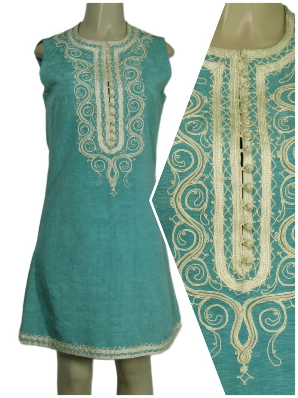 ViTG 60s 70s Embroidered Shift Mad Men Mod Mid Century MCM Aqua Blue Dress S M